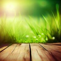 Wood table top close up, beautiful texture of green meadow grass, abstract blur natural bokeh - image photo