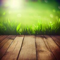 Wood table top close up, beautiful texture of green meadow grass, abstract blur natural bokeh - image photo