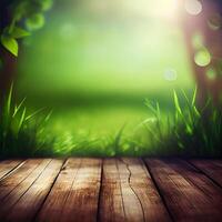 Wood table top close up, beautiful texture of green meadow grass, abstract blur natural bokeh - image photo