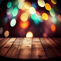 Wooden table top in cafe blurred bokeh background - image photo