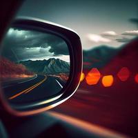 Car rearview mirror with nature reflection - AI generated image photo