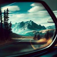 Car rearview mirror with nature reflection - AI generated image photo