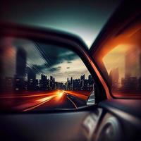 Car rearview mirror with city road reflection - AI generated image photo