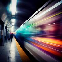 subterraneo estación, exceso de velocidad rápido tren, personas corriendo a el eléctrico tren, borroso antecedentes - ai generado imagen foto