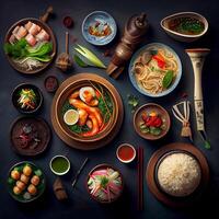 Beautiful varied Asian food on a dark background - image photo