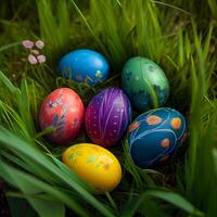 Colorful Easter eggs lying in dense green grass - image photo