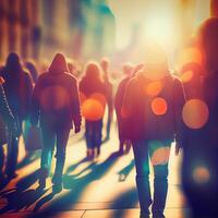 multitud de personas caminando desde trabajar, puesta de sol borroso bokeh antecedentes - ai generado imagen foto