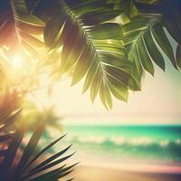 Blur beautiful nature green palm leaf on tropical beach with bokeh sun light flare wave abstract background. Summer vacation and business travel concept space - image photo