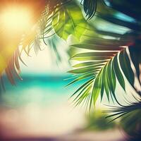 Blur beautiful nature green palm leaf on tropical beach with bokeh sun light flare wave abstract background. Summer vacation and business travel concept space - image photo