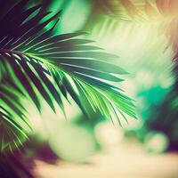 Blur beautiful nature green palm leaf on tropical beach with bokeh sun light flare wave abstract background. Summer vacation and business travel concept space - image photo