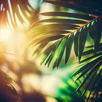 Blur beautiful nature green palm leaf on tropical beach with bokeh sun light flare wave abstract background. Summer vacation and business travel concept space - AI generated image