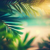 Blur beautiful nature green palm leaf on tropical beach with bokeh sun light flare wave abstract background. Summer vacation and business travel concept space - image photo