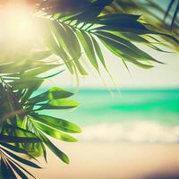 Blur beautiful nature green palm leaf on tropical beach with bokeh sun light flare wave abstract background. Summer vacation and business travel concept space - image photo