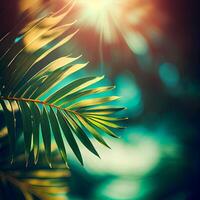 Blur beautiful nature green palm leaf on tropical beach with bokeh sun light flare wave abstract background. Summer vacation and business travel concept space - AI generated image