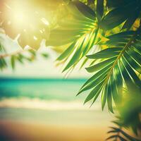 Blur beautiful nature green palm leaf on tropical beach with bokeh sun light flare wave abstract background. Summer vacation and business travel concept space - image photo