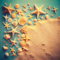 Seashells background on sand - image photo