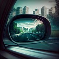 coche vista trasera espejo con ciudad la carretera reflexión - ai generado imagen foto