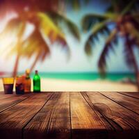 Old wooden table top on blurred beach background with coconut palm leaf. Concept Vacation, Summer, Beach, Sea - image photo