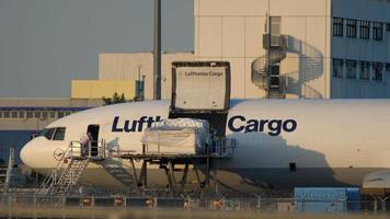 FRANKFURT AM MAIN, GERMANY JULY 18, 2017 - Cargo loading to Lufthansa Cargo McDonnell Douglas MD 11 airfreighter video