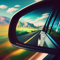 Car rearview mirror with nature reflection - AI generated image photo