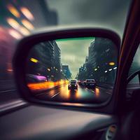 Car rearview mirror with city road reflection - AI generated image photo