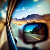Car rearview mirror with nature reflection - AI generated image photo