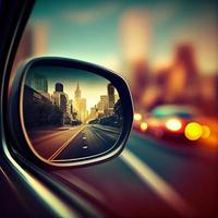 Car rearview mirror with city road reflection - AI generated image photo