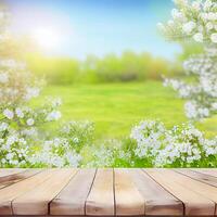 primavera temporada floración planta ramas con de madera mesa pararse, floral antecedentes - ai generado imagen foto