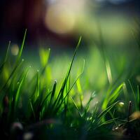 hermosa textura de verde prado césped con Rocío gotas cerca arriba, resumen difuminar natural bokeh antecedentes - ai generado imagen foto