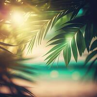 Blur beautiful nature green palm leaf on tropical beach with bokeh sun light flare wave abstract background. Summer vacation and business travel concept space - image photo