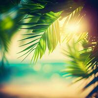 Blur beautiful nature green palm leaf on tropical beach with bokeh sun light flare wave abstract background. Summer vacation and business travel concept space - image photo