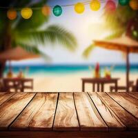 Old wooden table top on blurred beach background with coconut palm leaf. Concept Vacation, Summer, Beach, Sea - image photo