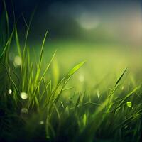 Beautiful texture of green meadow grass with dew drops close up, abstract blur natural bokeh background - Image photo