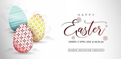 Happy Easter greeting card with three colorful eggs, applicable for website banner, corporate sign, greeting cards, invitation template, social media posts, ads campaign, Instagram feeds, advertising vector