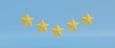 five yellow stars. Customer rating feedback concept from client about employees of the website. Realistic 3d design. For mobile applications. photo