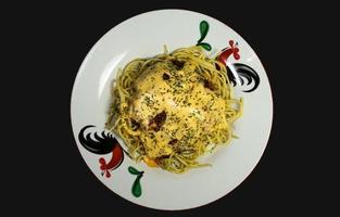 A photo of spaghetti on a chicken patterned plate, after some edits.