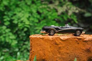 A photo of black toy car on a brick in the garden, after some edits.