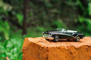 A photo of black toy car on a brick in the garden, after some edits.