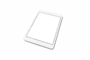 concepto para anuncio y folleto. un tableta con blanco pantalla aislado en blanco antecedentes. foto