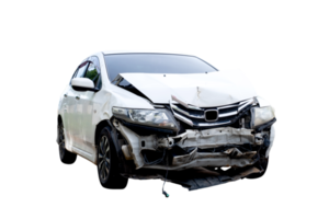 Front of white car get damaged by accident on the road. Broken cars after collision. auto accident, isolated on transparent background, PNG file