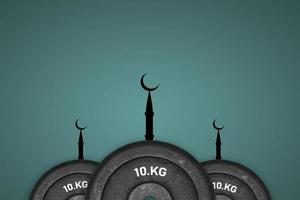 Gym weight plate mosque happy ramadan, happy eid, islamic design, islamic moon, ramadan greeting and ramadan mubarak art. photo