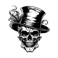 A mesmerizing and mysterious design, this Hand drawn illustration features a skull wearing a magician hat in intricate line art vector