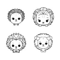 Adorable anime lion head collection set, with cute and detailed Hand drawn illustrations in line art style. Perfect for kids' products and designs vector