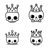 Adorable and whimsical Hand drawn collection set of cute kawaii skull heads with crowns, showcasing a playful fusion of dark and cute elements vector