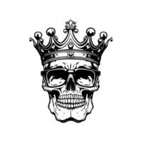 A collection of Hand drawn, black and white line art illustrations featuring a smiling skull wearing a regal crown vector