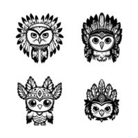 cute kawaii owl wearing indian chief accessories collection set hand drawn illustration vector