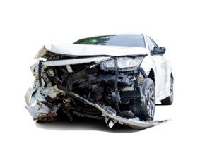 Front of white car get damaged by accident on the road. damaged cars after collision. Isolated on transparent background with clipping path png