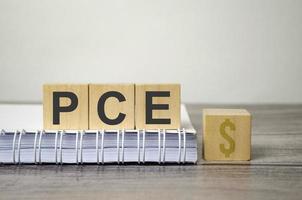 pce text from wooden blocks on a grey wooden background photo