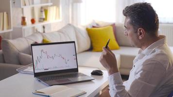 The man who analyzes the daily stock market. Man analyzing stock market charts and taking notes. video