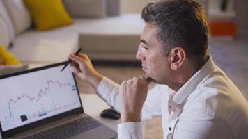 Man checking trades in the stock market from his computer at home. Man watching stock market on computer screen. video